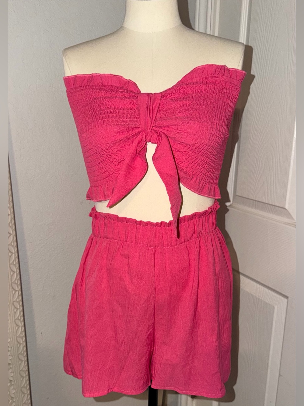 SHEIN Hot Pink Tie-Front Smocked Tube Top